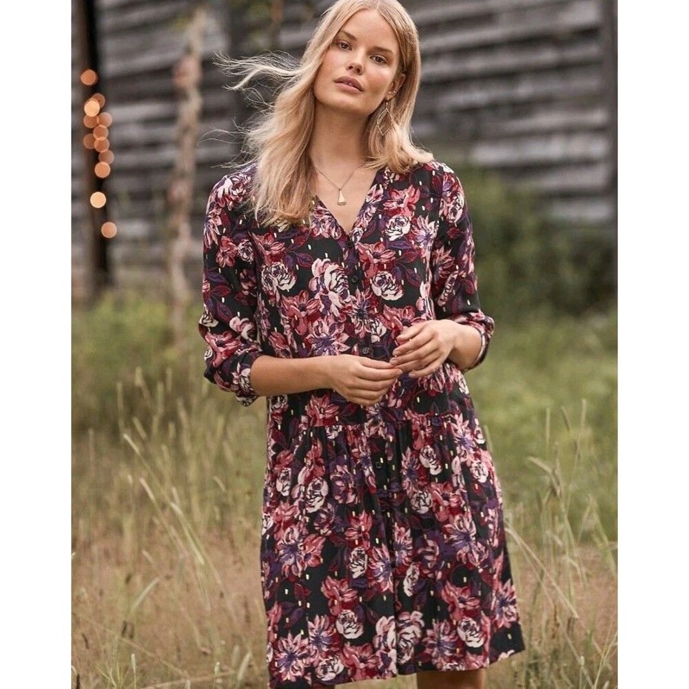 Garnet Hill Women Floral Drop Waist Button Up Dress Sz 8 Long Sleeve Photoshoot